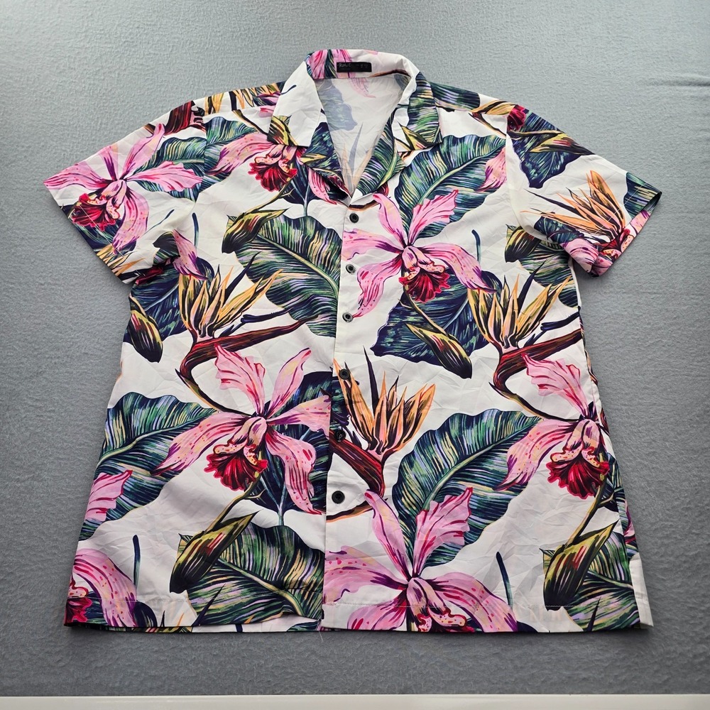 Romwe Hawaiian Shirt Mens Large White Tropical Floral Banana Leaves Button Up